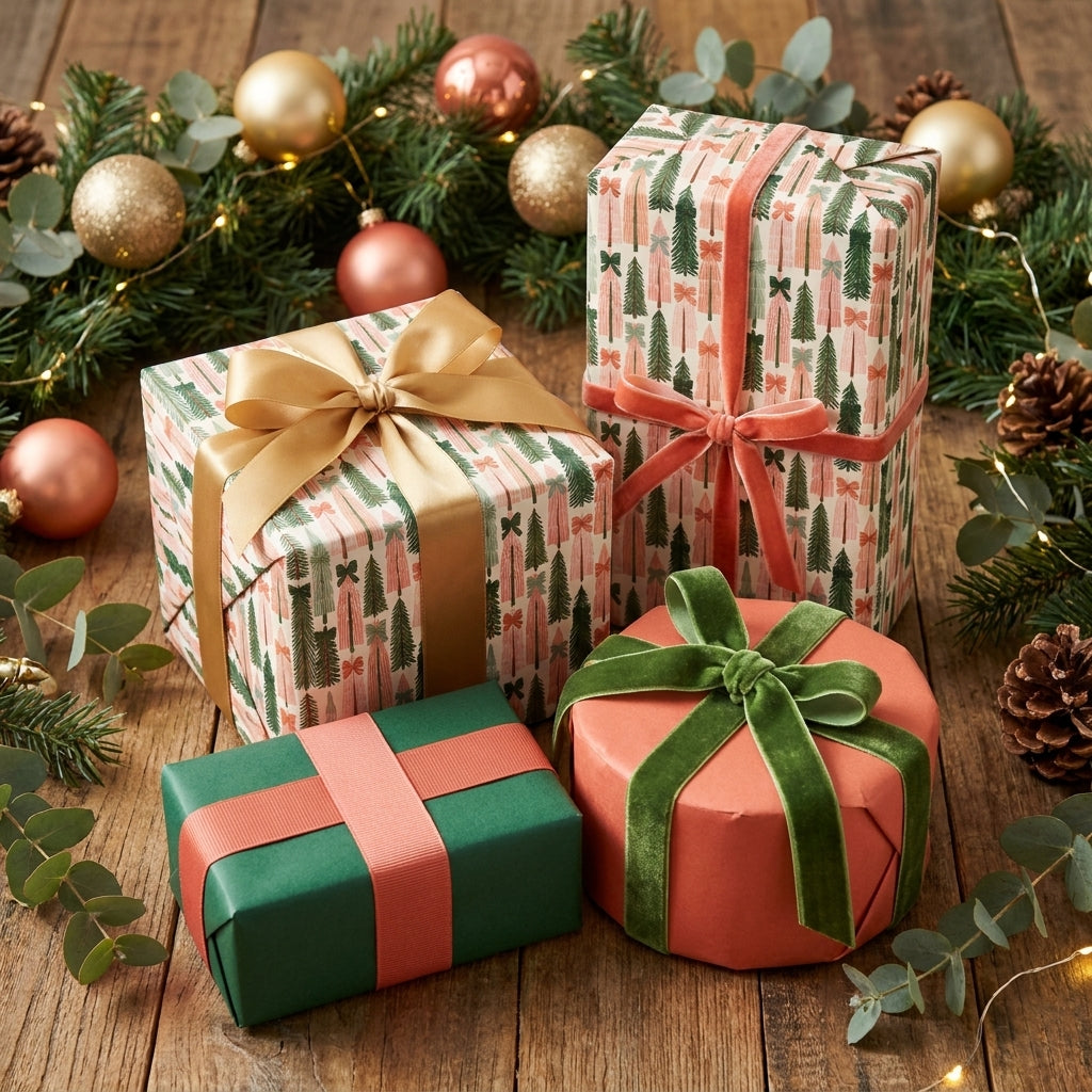 Elegant Christmas gift wrap with pink and green tree patterns and velvet bows, by Wrapped Studios.