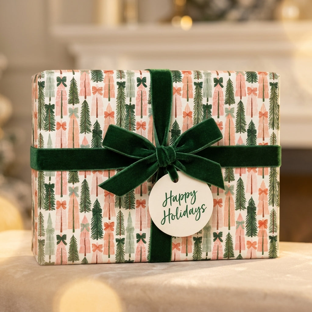 Luxury Christmas wrapping paper with pink and green holiday trees and velvet bow by Wrapped Studios.