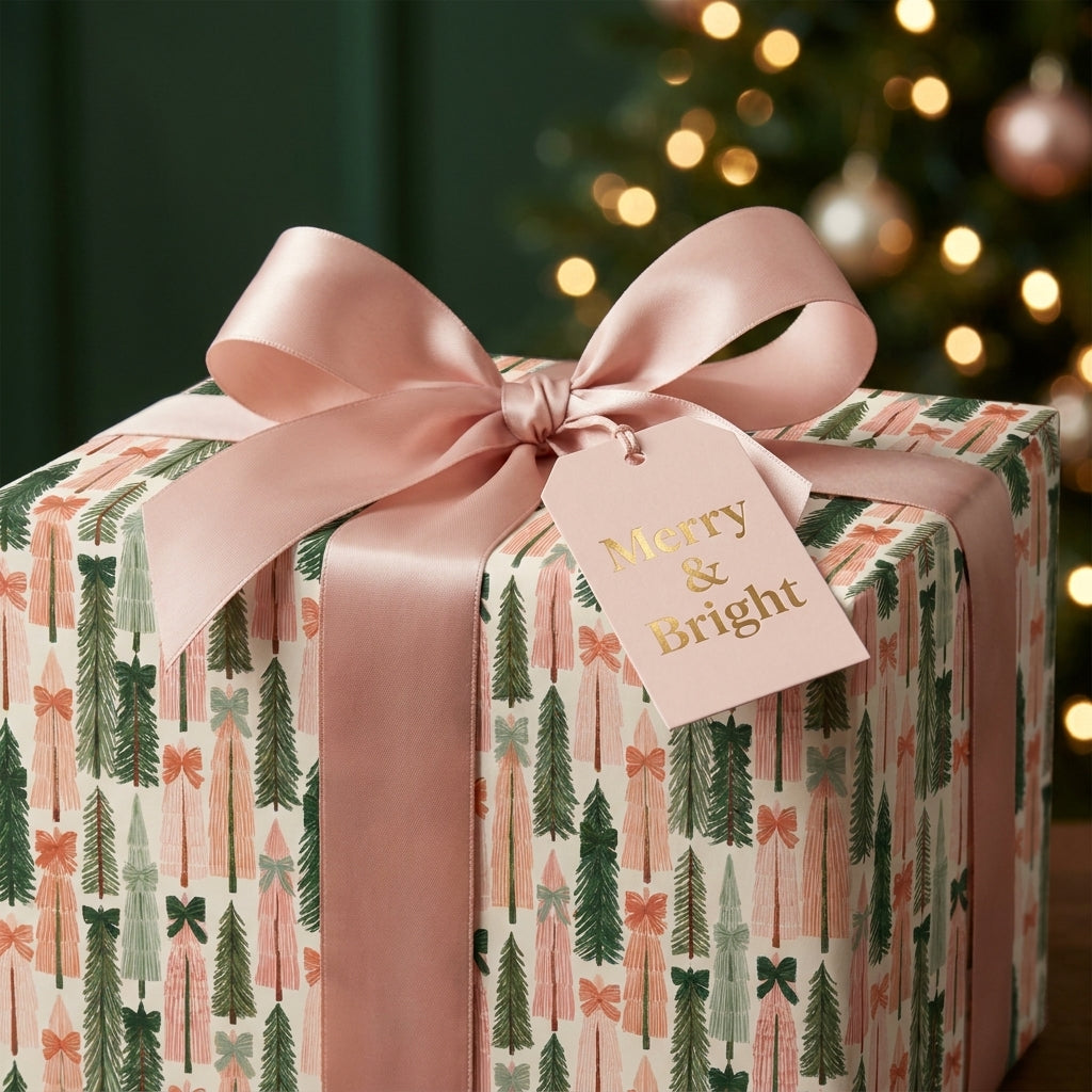 Pink and green Christmas tree wrapping paper with a dusty pink satin bow by Wrapped Studios.