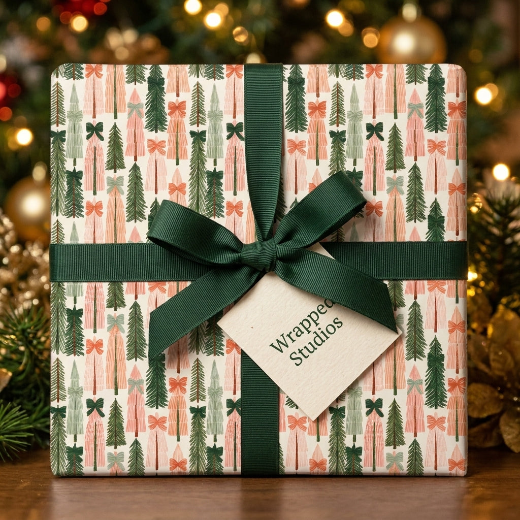 Christmas gift wrap with pink and green trees, tied with a forest green ribbon bow by Wrapped Studios.