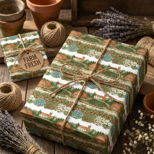 Rustic farmhouse wrapping paper with country barn design and jute twine bow by Wrapped Studios.