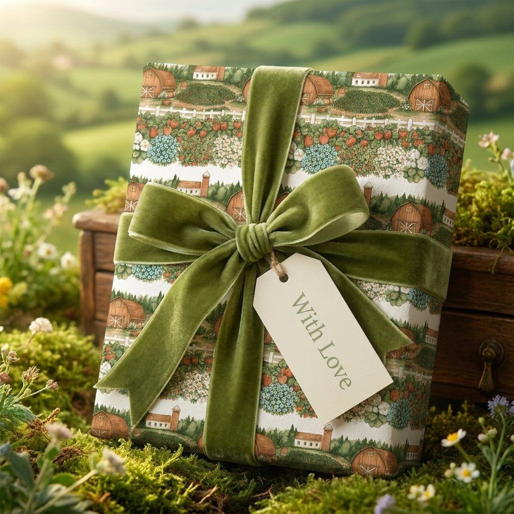 Cottagecore country wrapping paper with a green velvet ribbon and tag by Wrapped Studios.