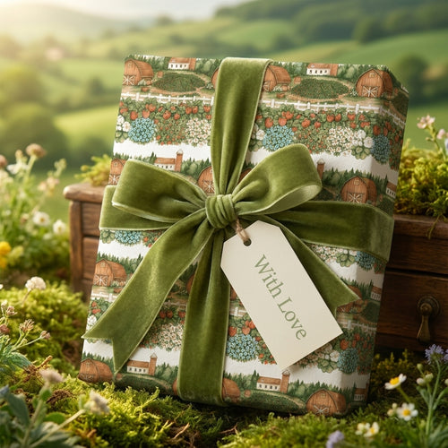 Cottagecore country wrapping paper with a green velvet ribbon and tag by Wrapped Studios.