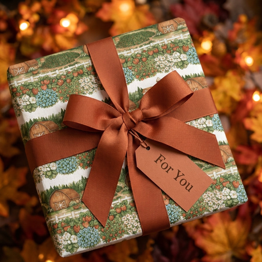 Rustic autumn wrapping paper with a country barn pattern and orange bow by Wrapped Studios.