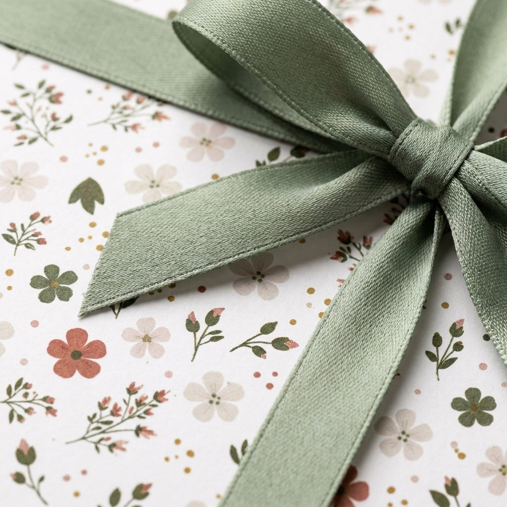 Elegant sage green floral wrapping paper with satin ribbon bow by Wrapped Studios.