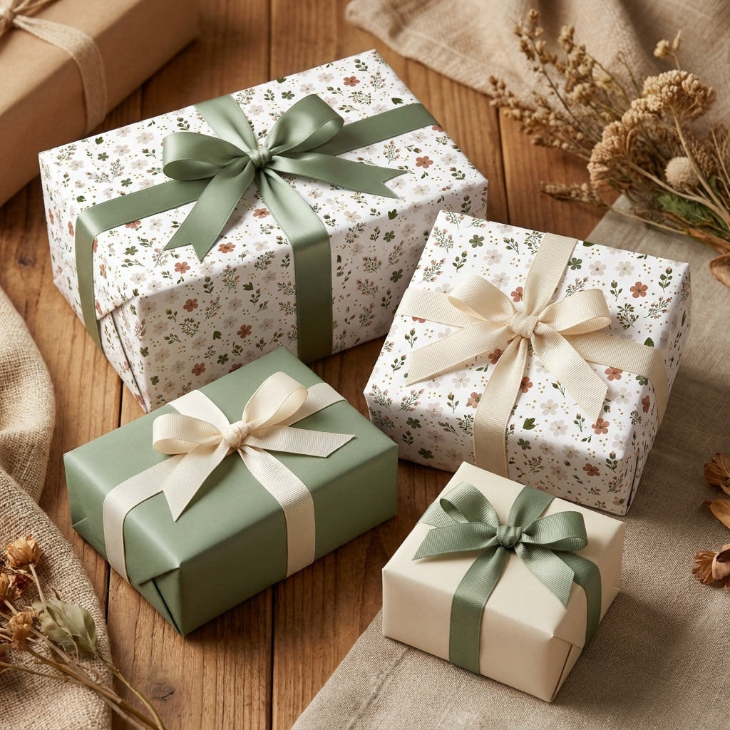 Elegant floral wrapping paper and sage green gift wrap by Wrapped Studios on a rustic table.
