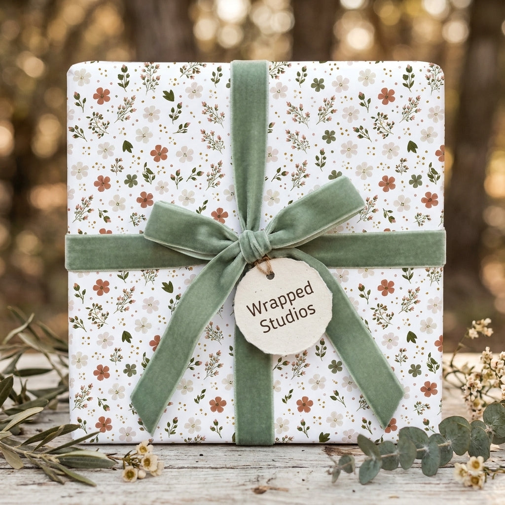 Vintage floral wrapping paper with a sage green velvet ribbon bow by Wrapped Studios.