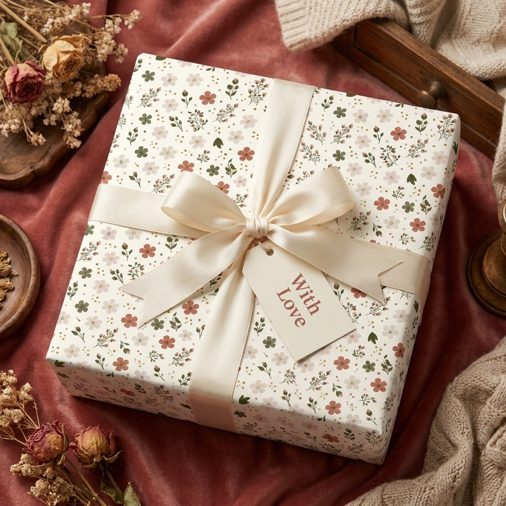 Vintage floral wrapping paper with a cream satin bow and 'With Love' gift tag by Wrapped Studios.
