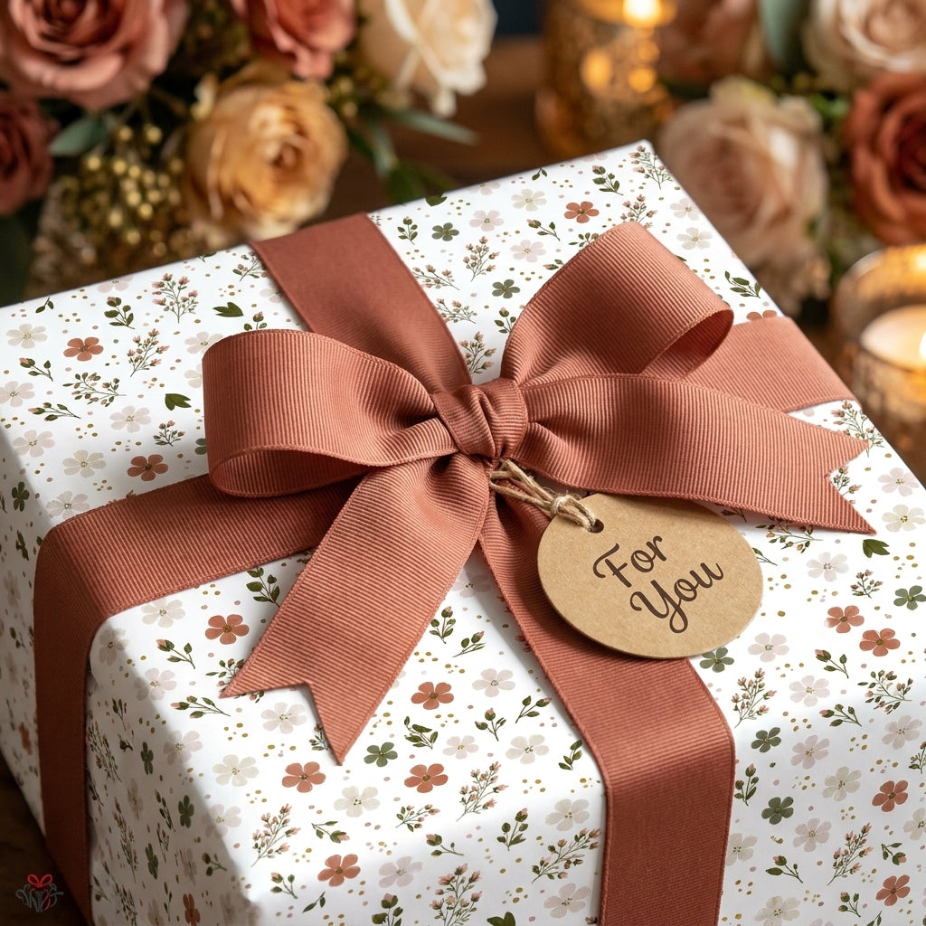 Luxury floral wrapping paper with terracotta ribbon and a For You tag by Wrapped Studios.