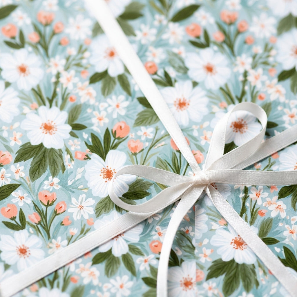 Light blue floral wrapping paper with white daisies and a satin ribbon bow, by Wrapped Studios.