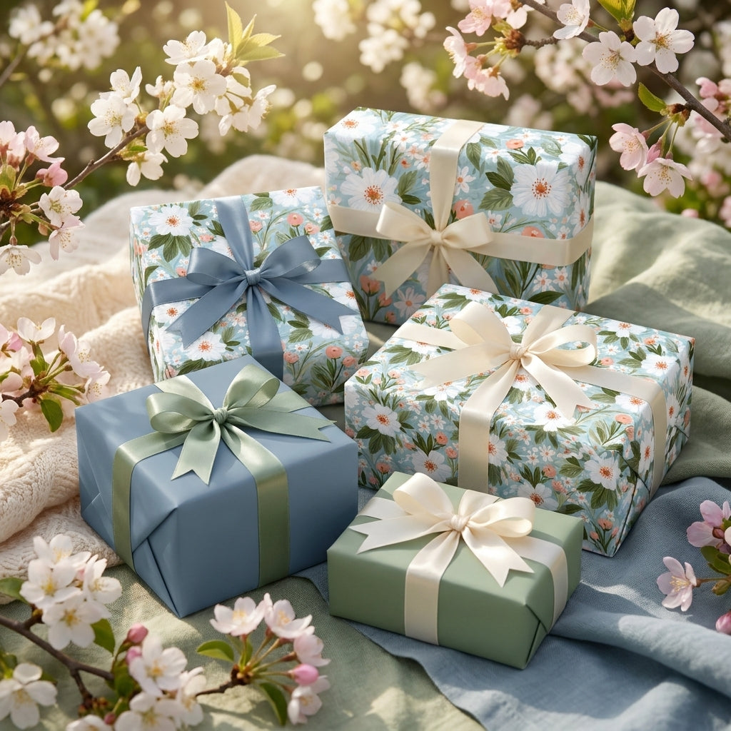 Elegant spring floral wrapping paper and pastel gift wrap with satin ribbons by Wrapped Studios.