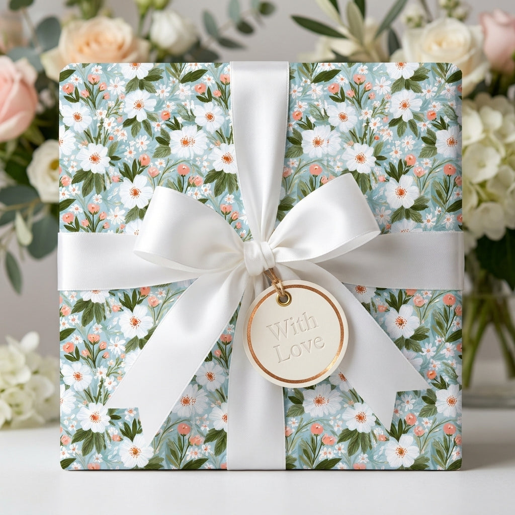 Luxury blue floral wrapping paper with a white satin bow and 'With Love' tag by Wrapped Studios.