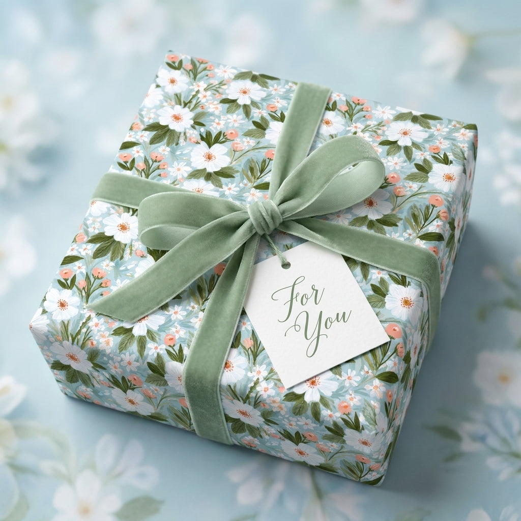 Blue botanical floral wrapping paper by Wrapped Studios on a gift box with a sage green velvet ribbon.