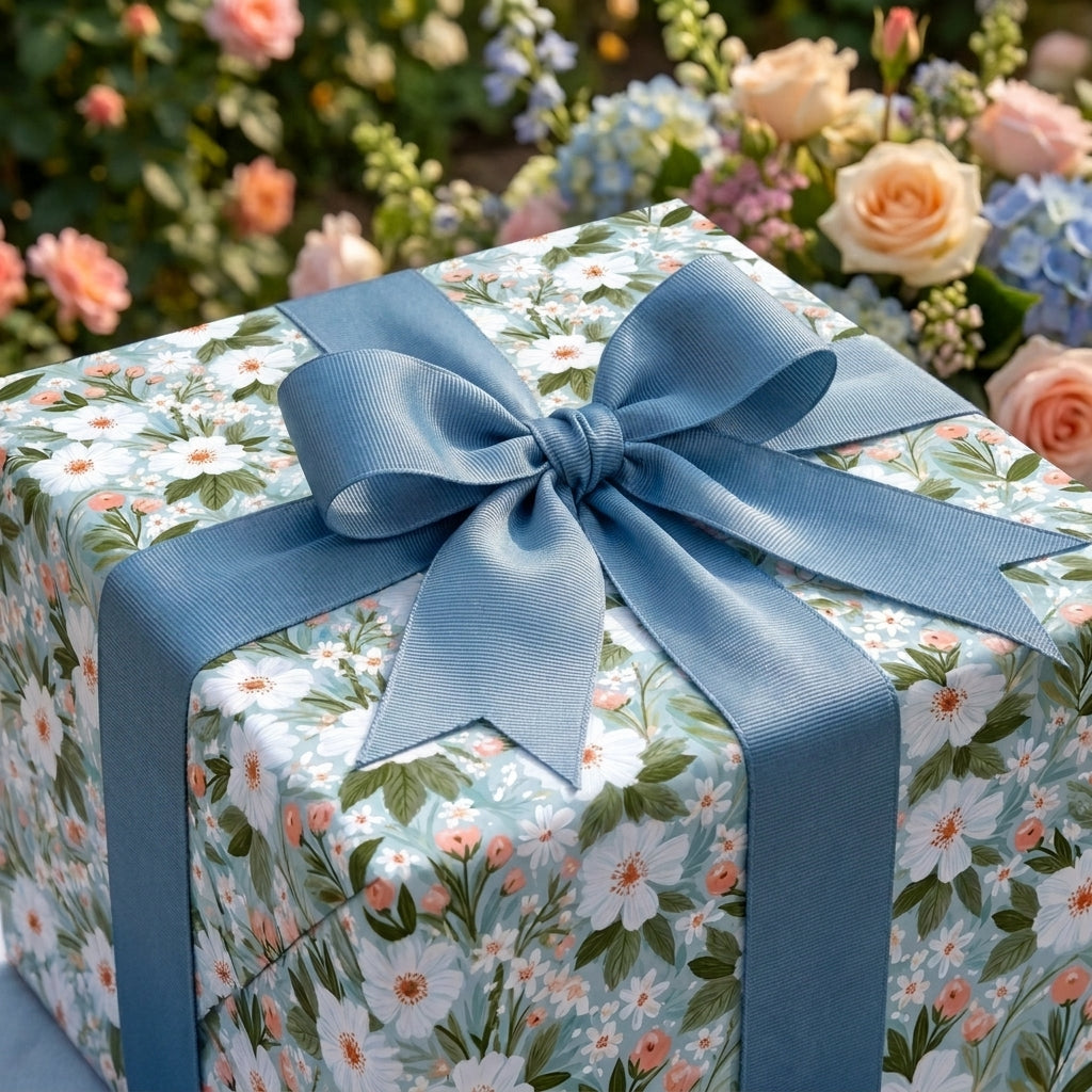 Elegant blue floral wrapping paper with a dusty blue bow, luxury wedding gift wrap by Wrapped Studios.
