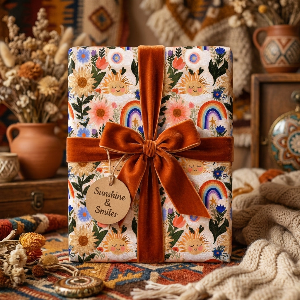 Whimsical boho wrapping paper with suns and rainbows, tied with a rust velvet ribbon by Wrapped Studios.