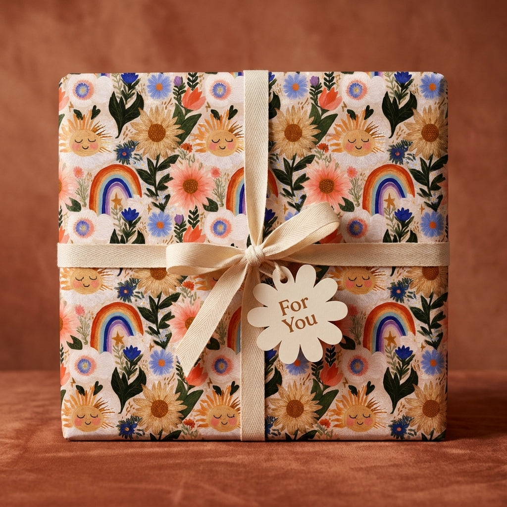 Whimsical boho floral and rainbow wrapping paper on a gift box with a cream bow, by Wrapped Studios.