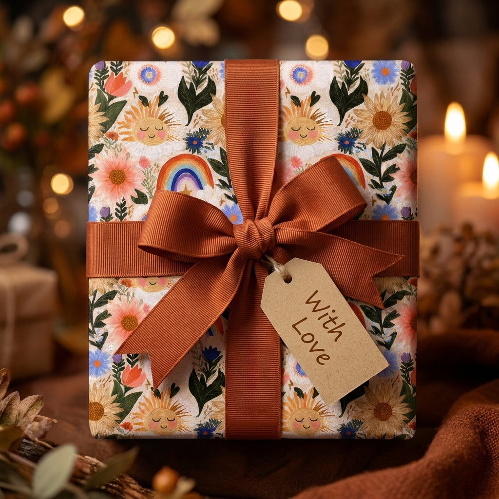 Boho floral wrapping paper with cute suns and rainbows, tied with rust ribbon by Wrapped Studios.