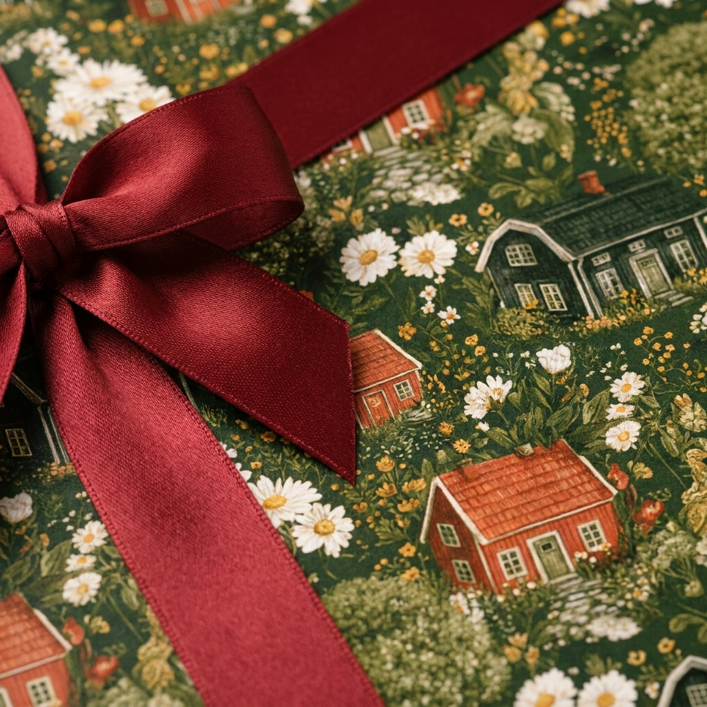 Rustic cottagecore Christmas gift wrap with vintage houses and a burgundy ribbon by Wrapped Studios.