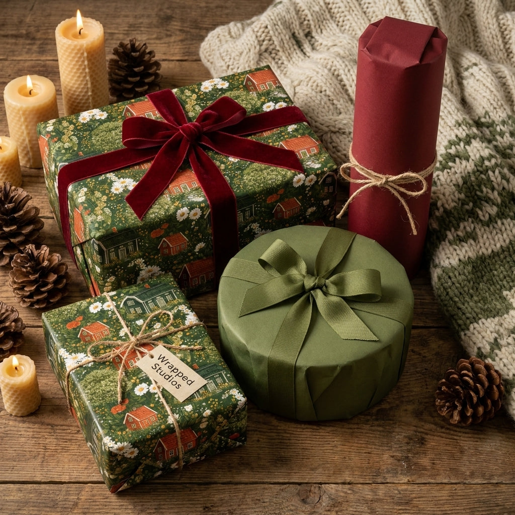 Vintage cottagecore Christmas gift wrap with green house pattern and velvet ribbon by Wrapped Studios.