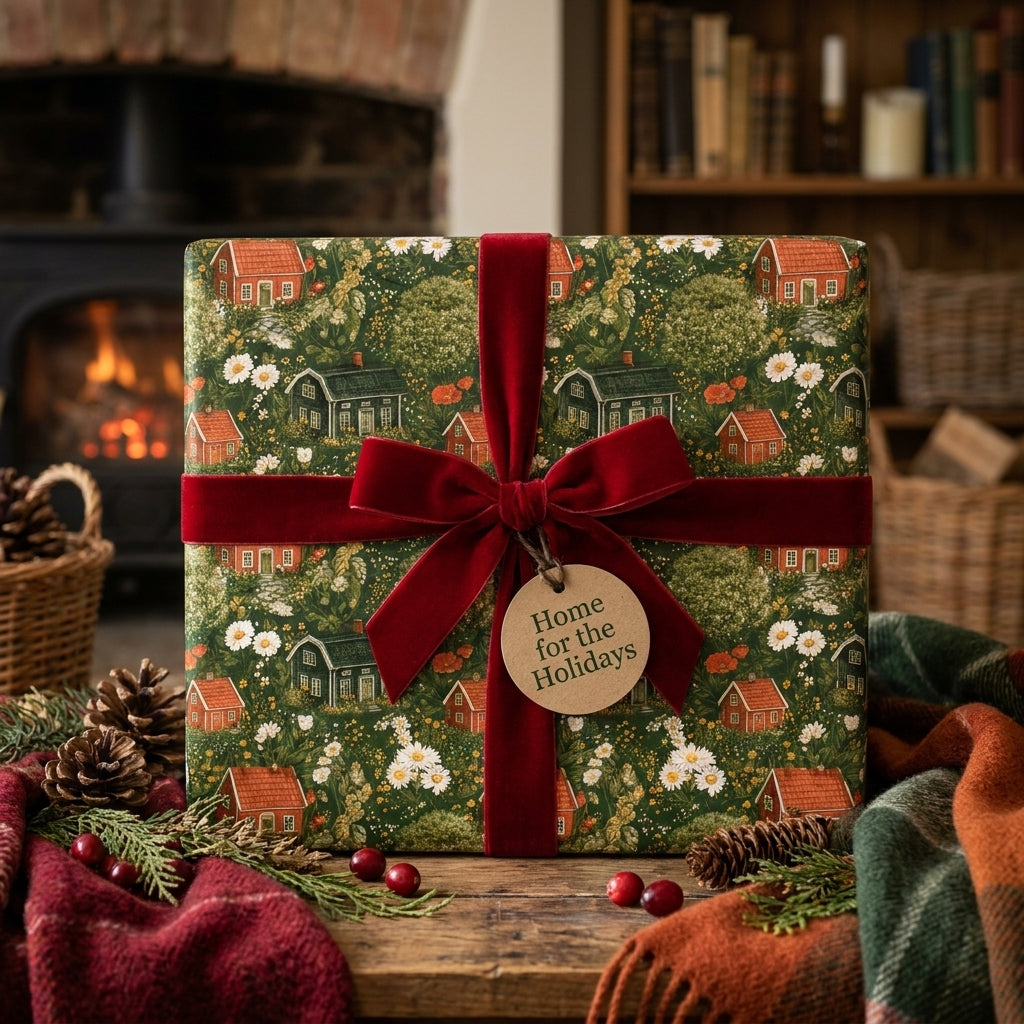 Cozy cottage Christmas gift wrap with a red velvet bow and holiday tag by Wrapped Studios.