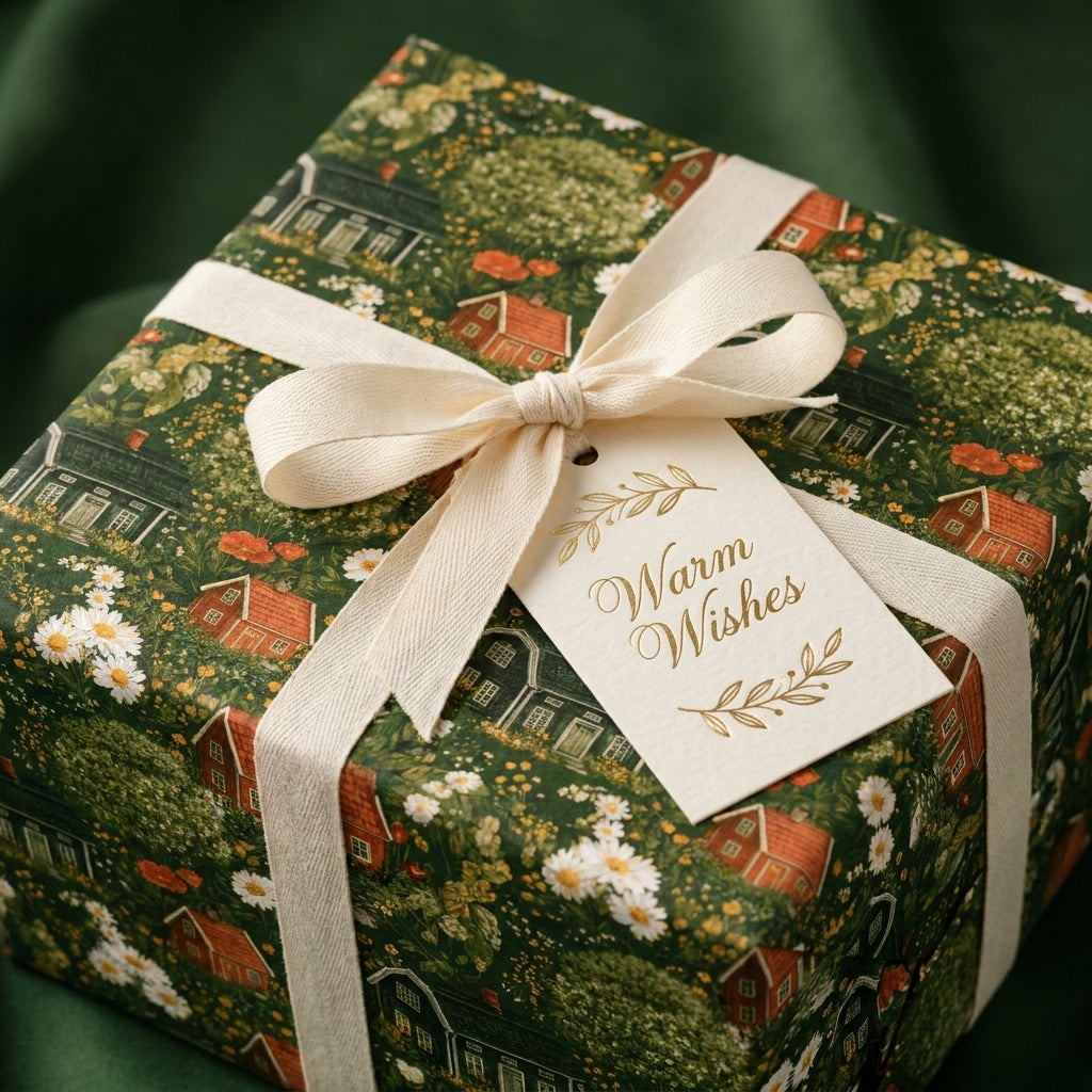 Vintage cottagecore Christmas wrapping paper with cream bow and Warm Wishes tag, by Wrapped Studios.