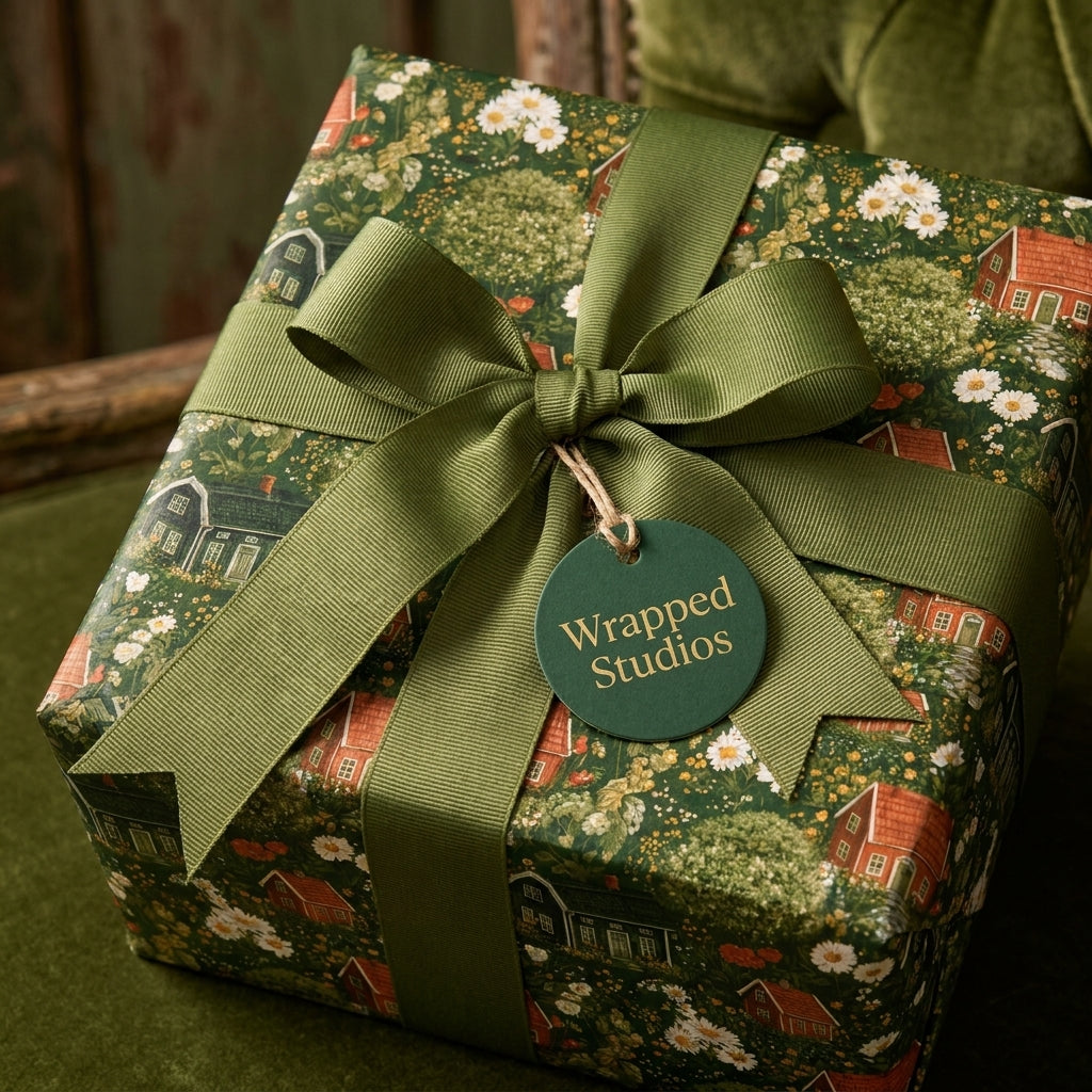 Cottagecore floral wrapping paper with vintage houses, olive green ribbon, and Wrapped Studios tag.