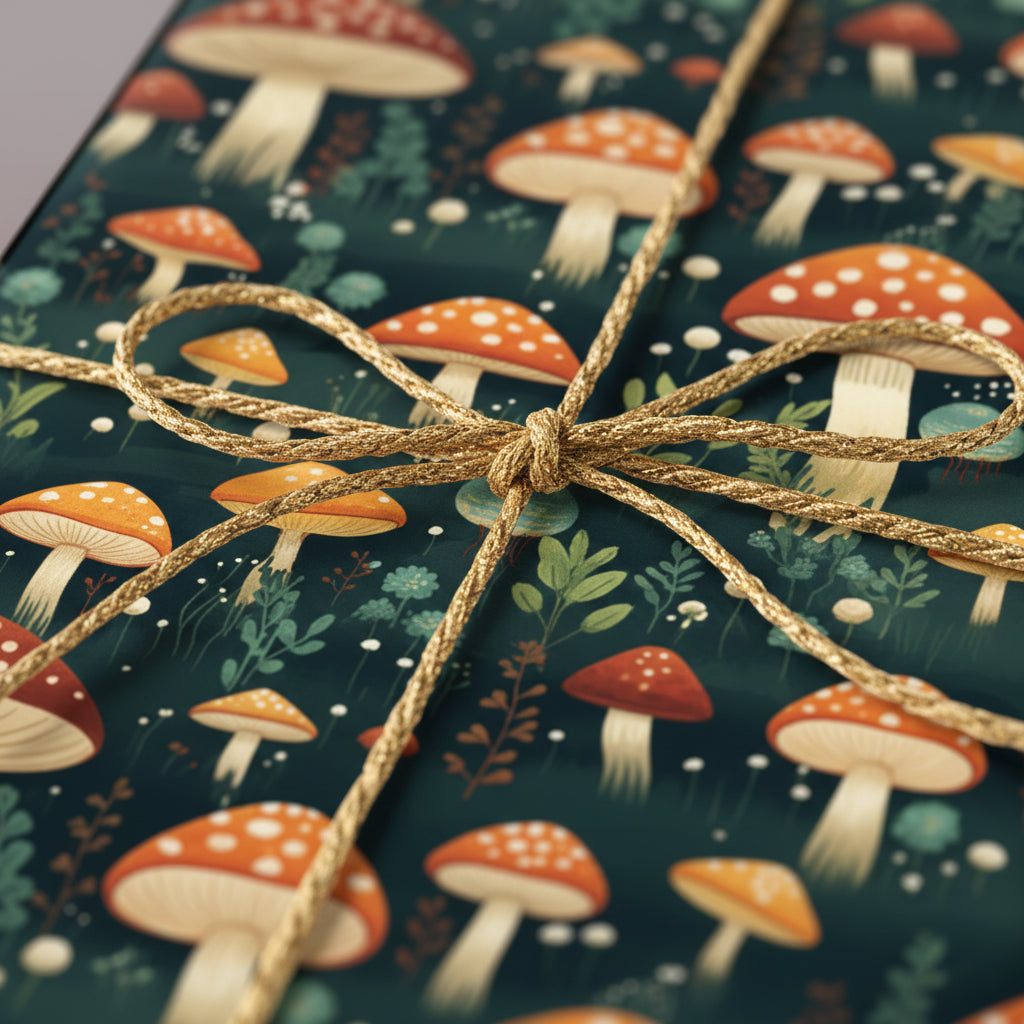 Close-up of a gift wrapped in mushroom-themed wrapping paper with gold string.