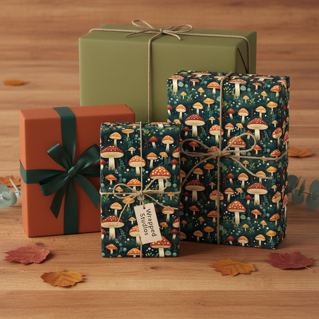 Gifts wrapped in mushroom print wrapping paper with twine bows and solid colored paper with ribbons.