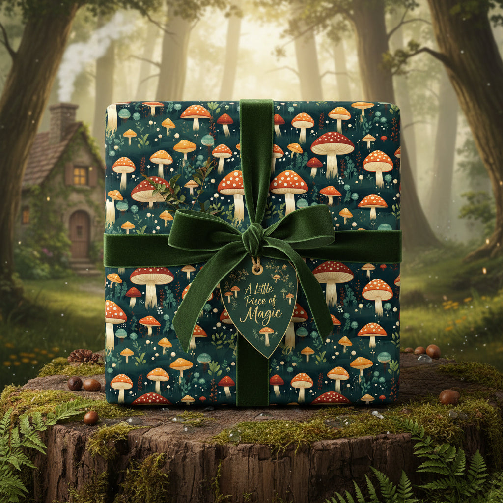 Whimsical mushroom wrapping paper with a velvet green ribbon bow; perfect for forest fairy, magical, or woodland gifts.