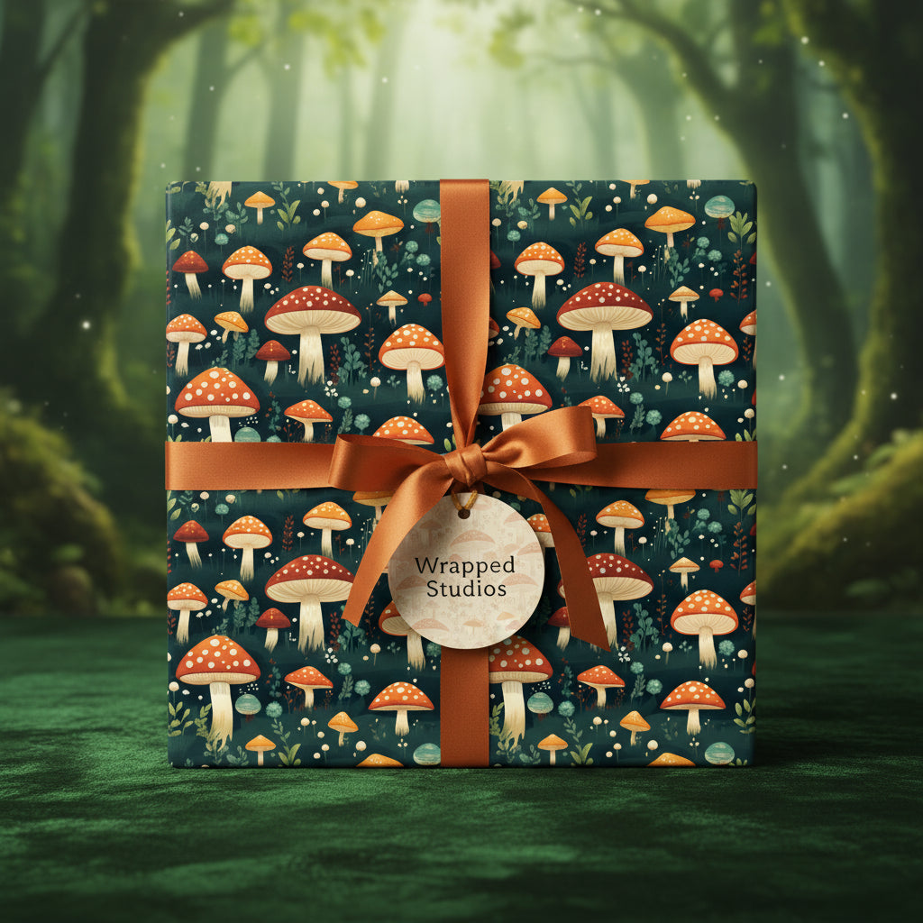 Square gift box wrapped in mushroom-themed wrapping paper with a bronze ribbon.