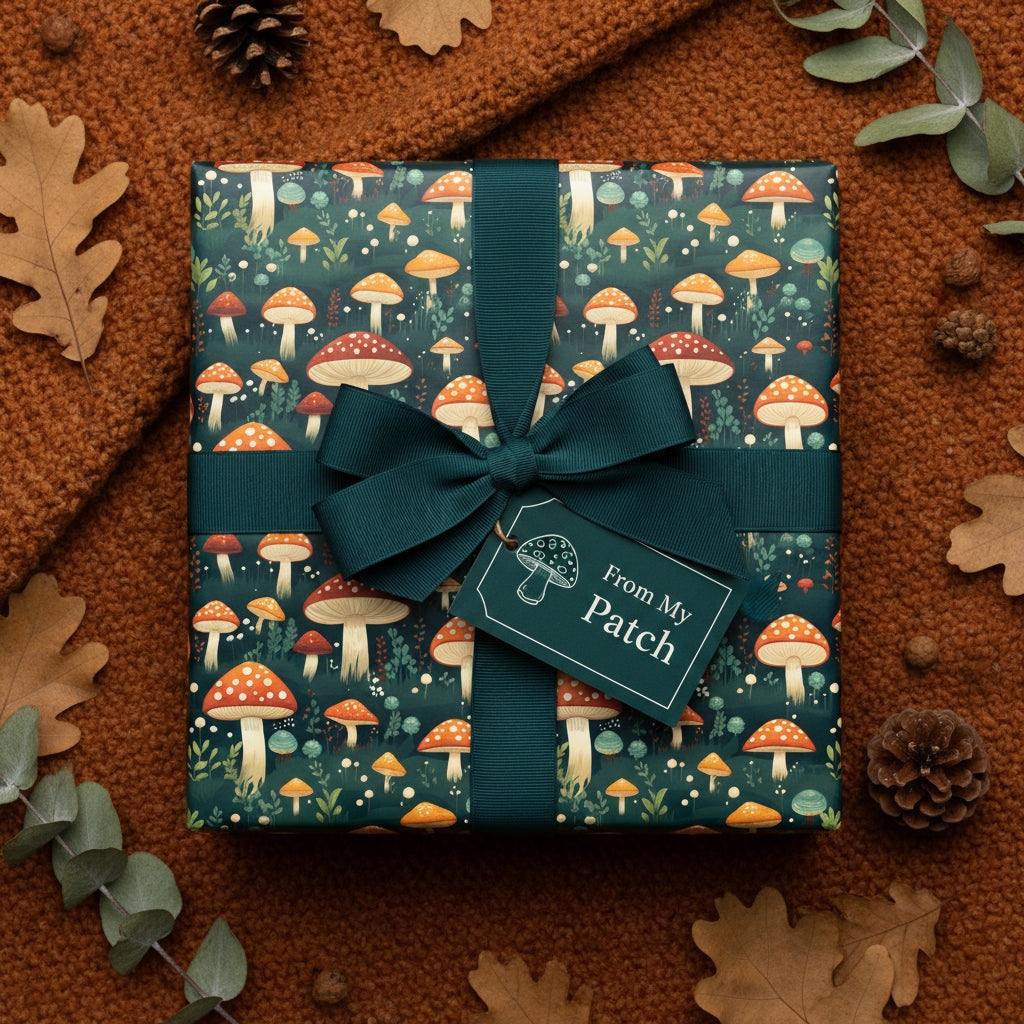 Square gift wrapped in whimsical mushroom pattern paper with dark green ribbon and "From My Patch" tag.