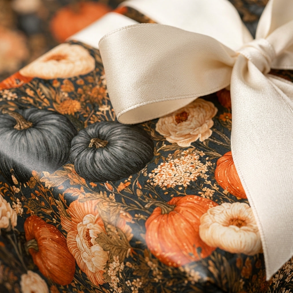 Elegant fall pumpkin wrapping paper with vintage florals and a cream satin bow by Wrapped Studios.