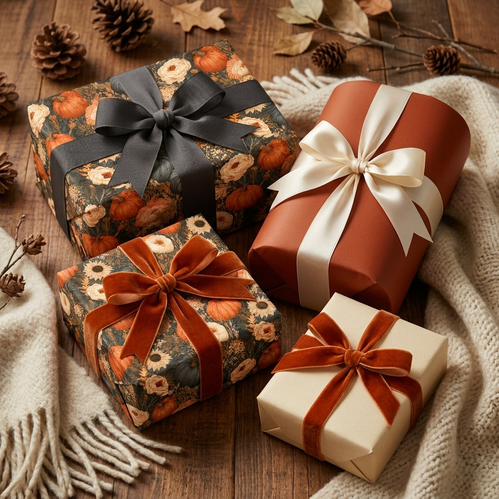 Autumn floral wrapping paper with pumpkins and velvet ribbons by Wrapped Studios.