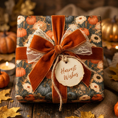 Fall pumpkin wrapping paper with a luxury rust velvet bow and harvest tag by Wrapped Studios.