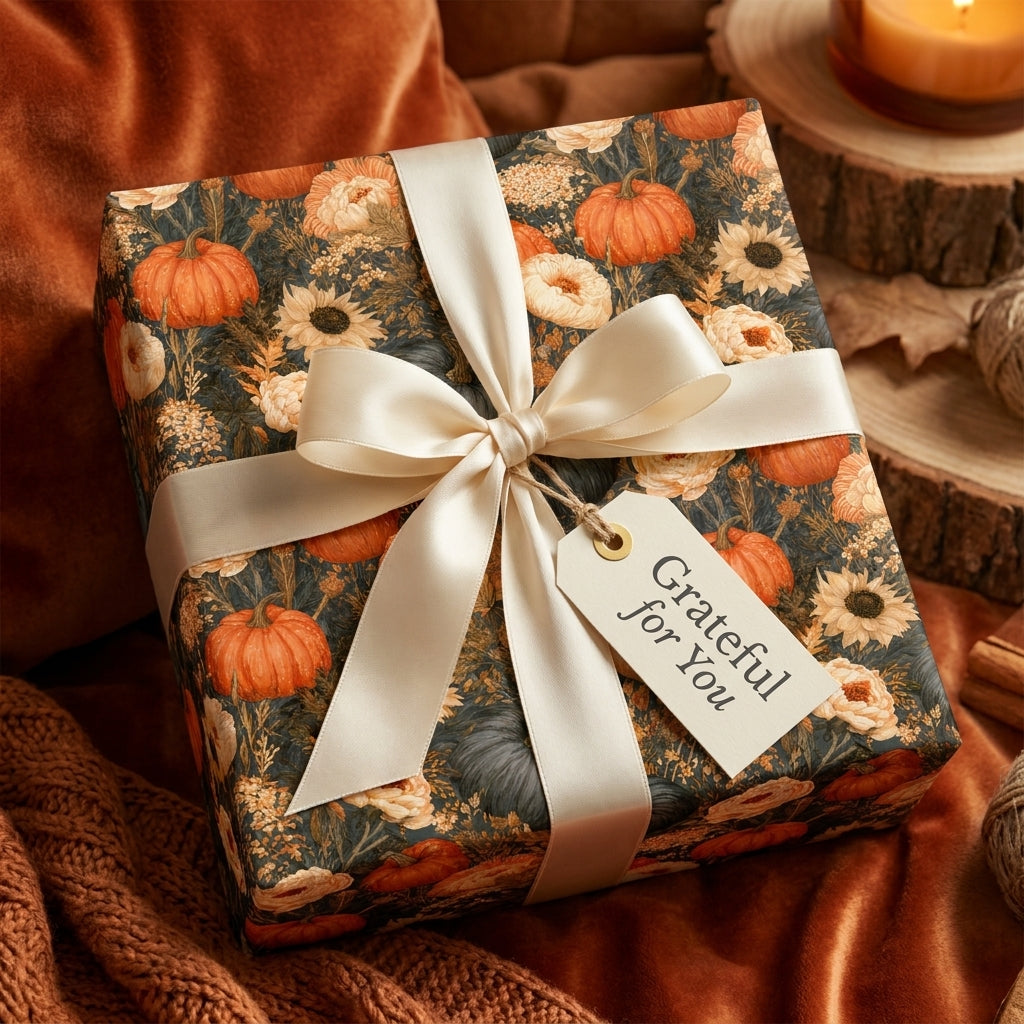 Rustic fall pumpkin wrapping paper with cream satin bow and gift tag by Wrapped Studios.