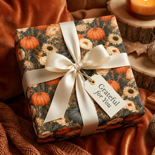 Rustic fall pumpkin wrapping paper with cream satin bow and gift tag by Wrapped Studios.