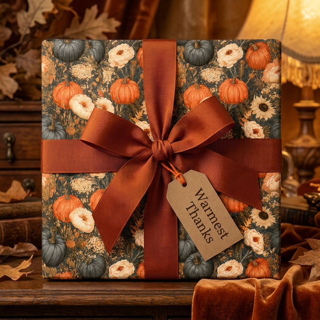 Fall wrapping paper with pumpkin and floral pattern, rust ribbon, and Warmest Thanks tag by Wrapped Studios.