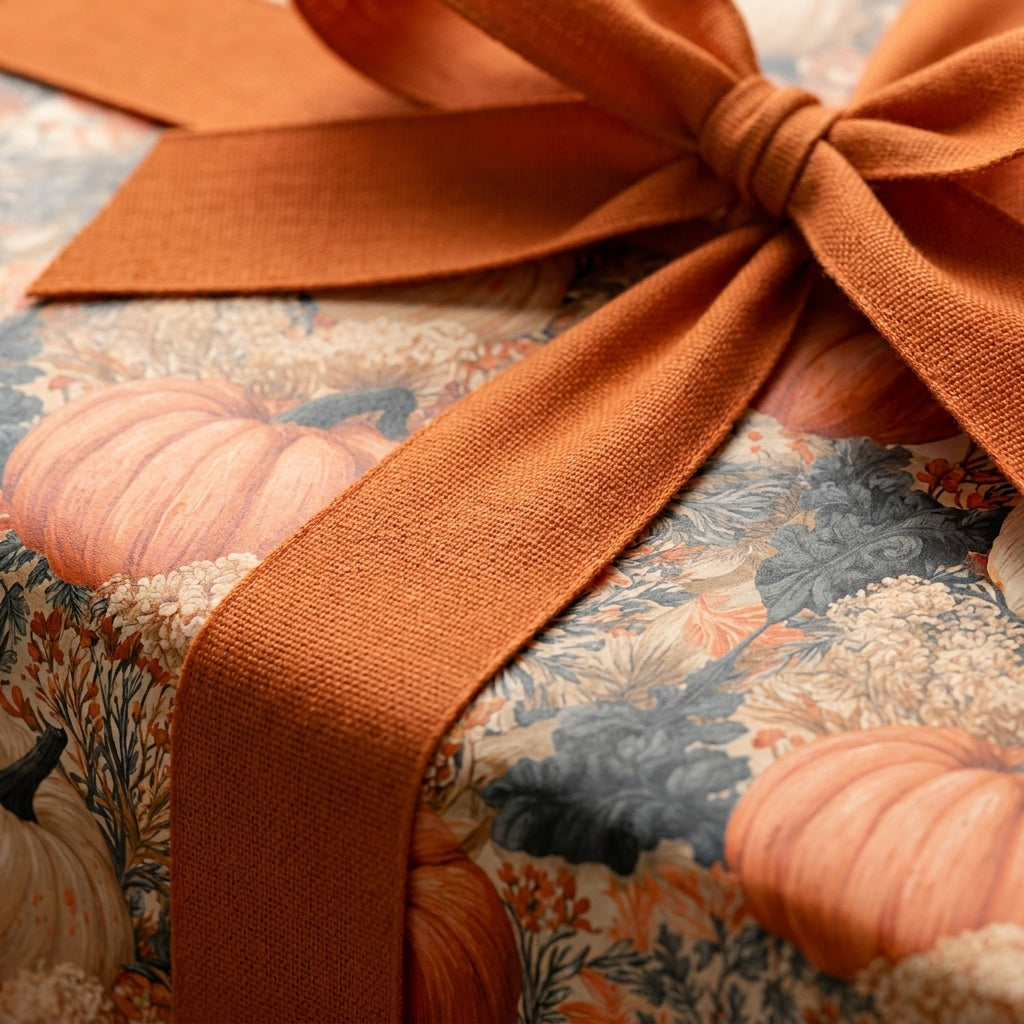 Pumpkin fall wrapping paper with a rust orange linen ribbon bow by Wrapped Studios.