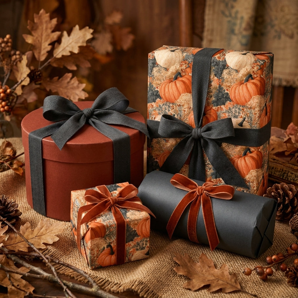 Rustic pumpkin wrapping paper and autumn gift wrap on cozy holiday boxes by Wrapped Studios.