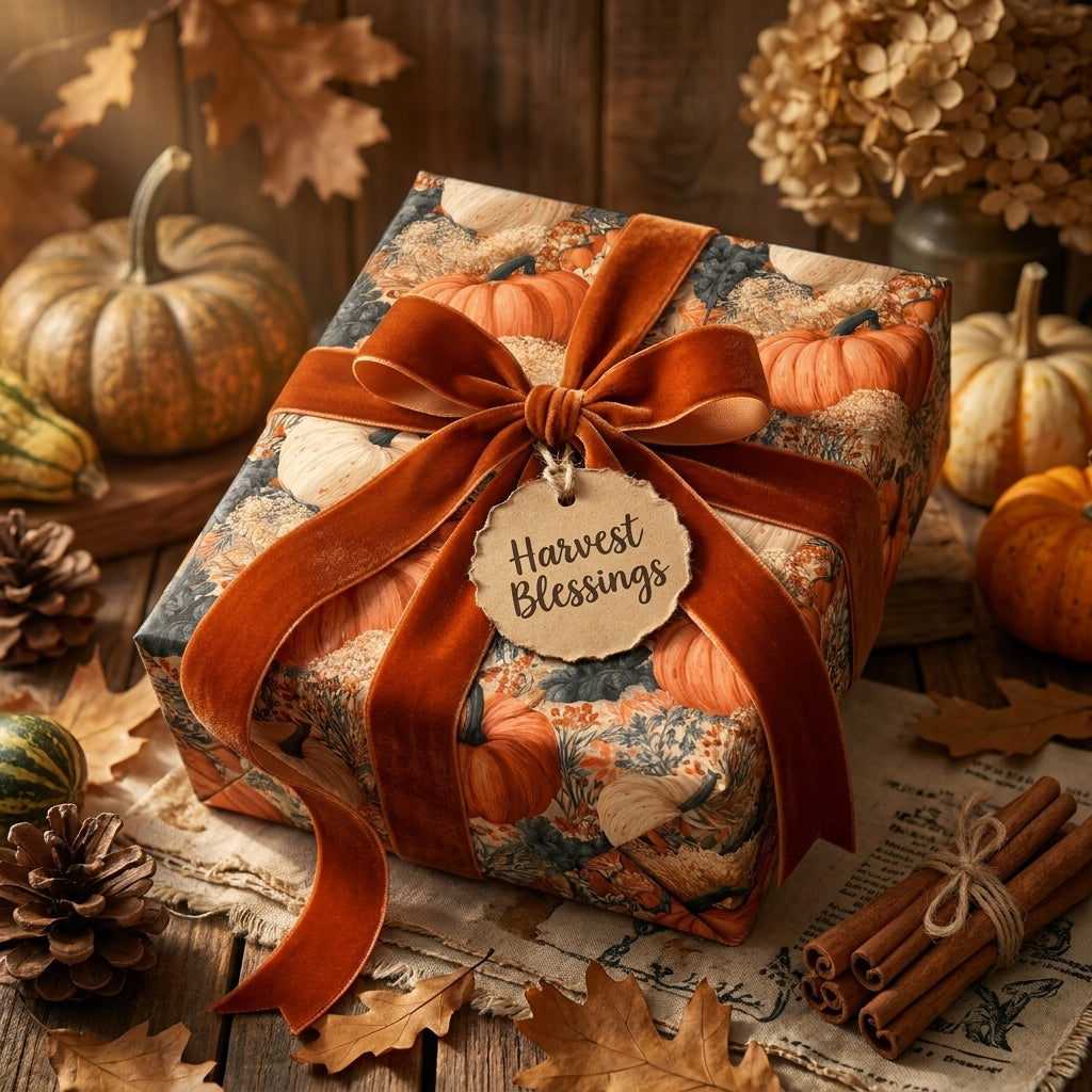 Rustic Thanksgiving wrapping paper with pumpkin pattern and orange velvet bow by Wrapped Studios.
