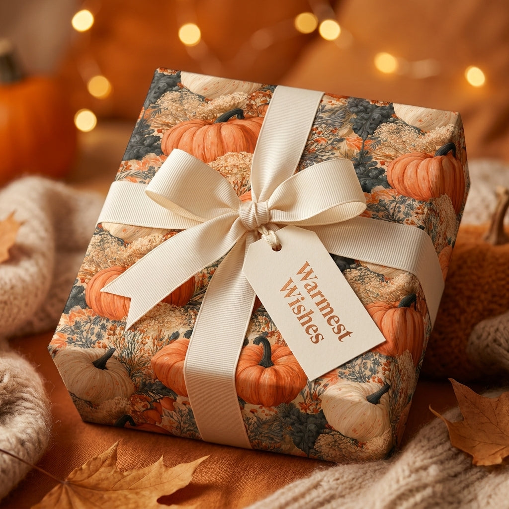 Cozy pumpkin fall wrapping paper on a gift box with a cream ribbon and tag by Wrapped Studios.