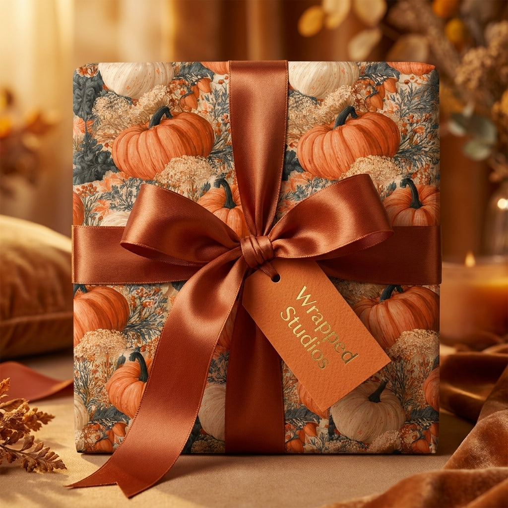 Rustic pumpkin wrapping paper with a copper satin bow and tag by Wrapped Studios.