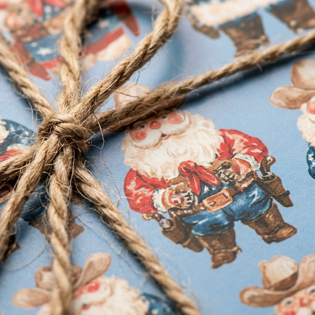 Vintage cowboy Santa Christmas wrapping paper tied with rustic twine by Wrapped Studios.