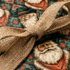 Rustic Western Christmas wrapping paper with cowboy Santa pattern and burlap bow by Wrapped Studios.