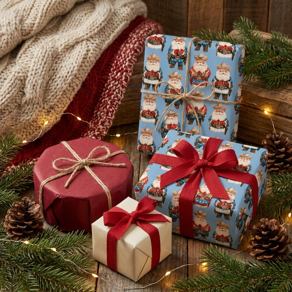 Western cowboy Santa Christmas wrapping paper on holiday gifts by Wrapped Studios.
