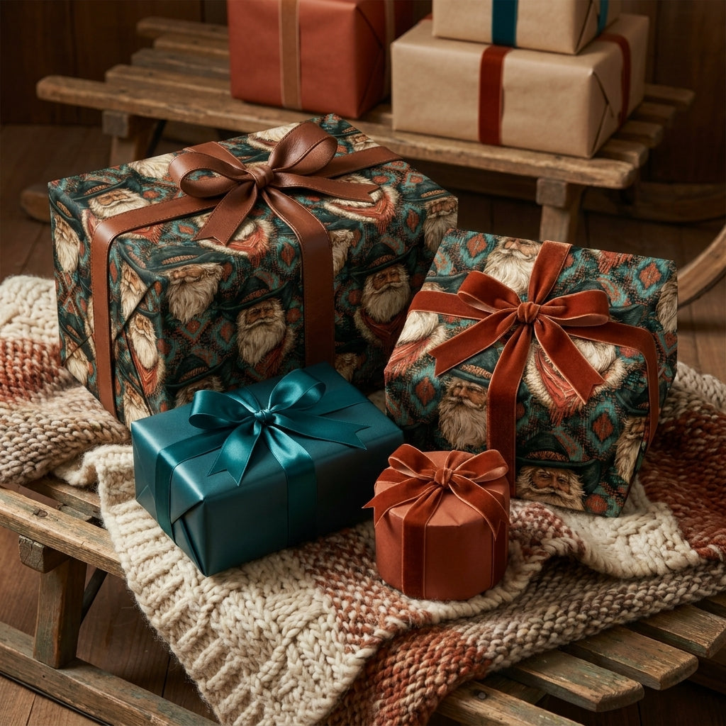 Vintage cowboy Santa wrapping paper on Christmas gifts with velvet ribbons, by Wrapped Studios.