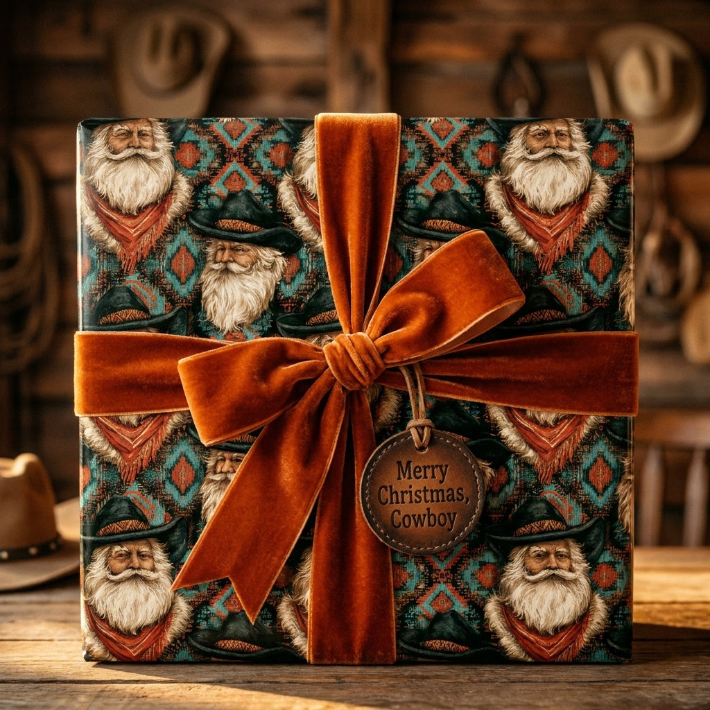 Cowboy Christmas wrapping paper with Santa pattern and orange velvet bow on gift box by Wrapped Studios.