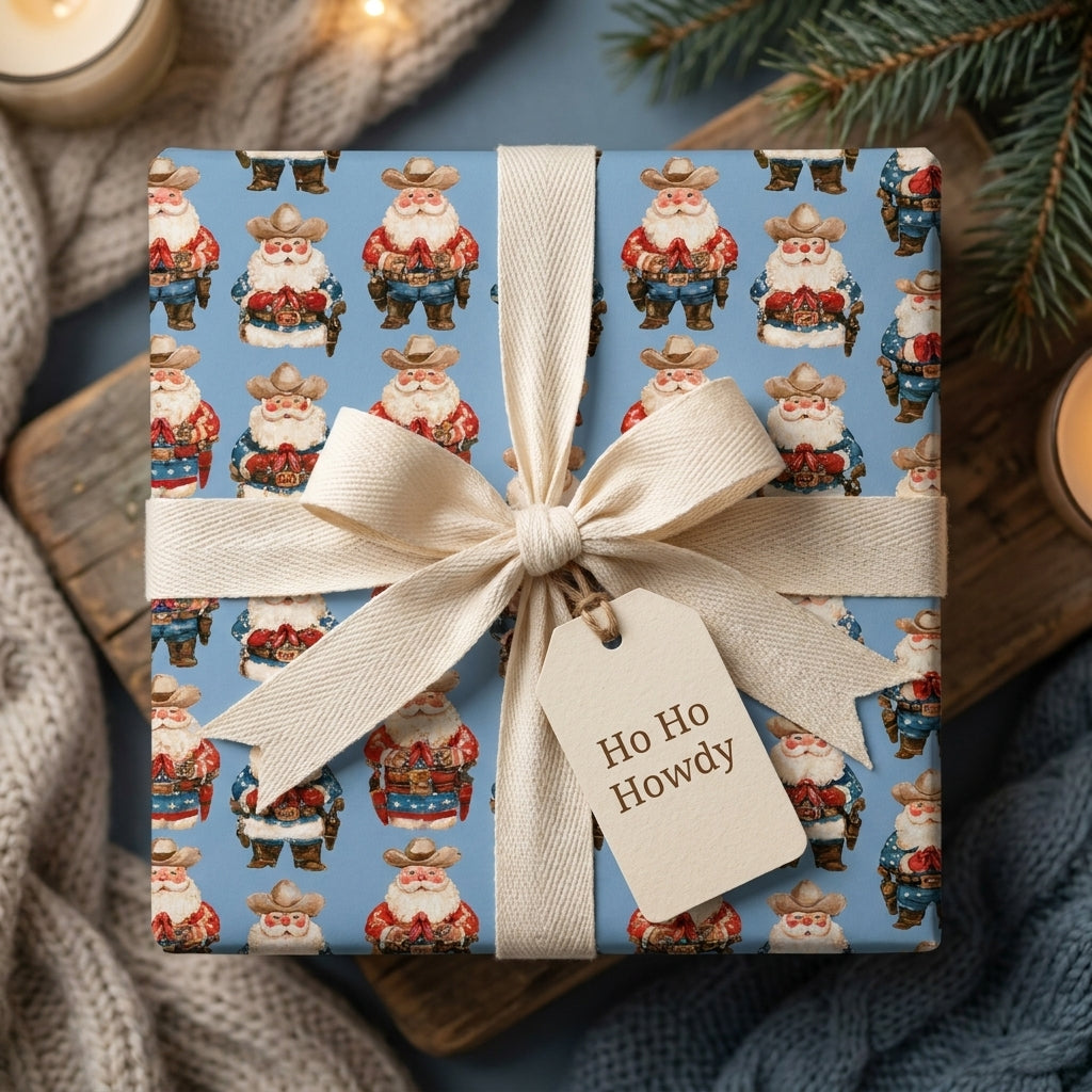 Western cowboy Santa wrapping paper with cream ribbon and Ho Ho Howdy tag by Wrapped Studios.