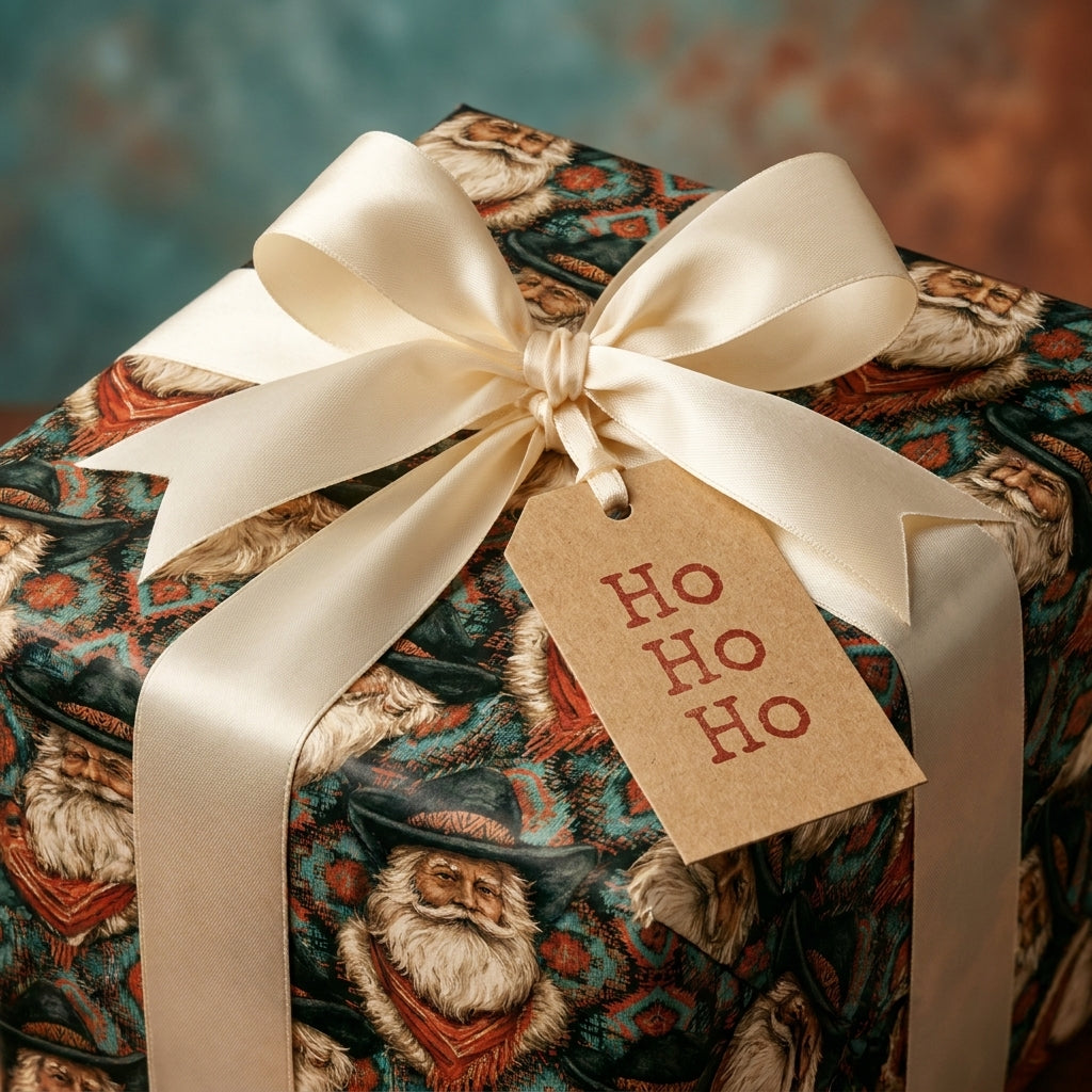 Rustic cowboy Santa Christmas wrapping paper with a cream satin bow and tag by Wrapped Studios.