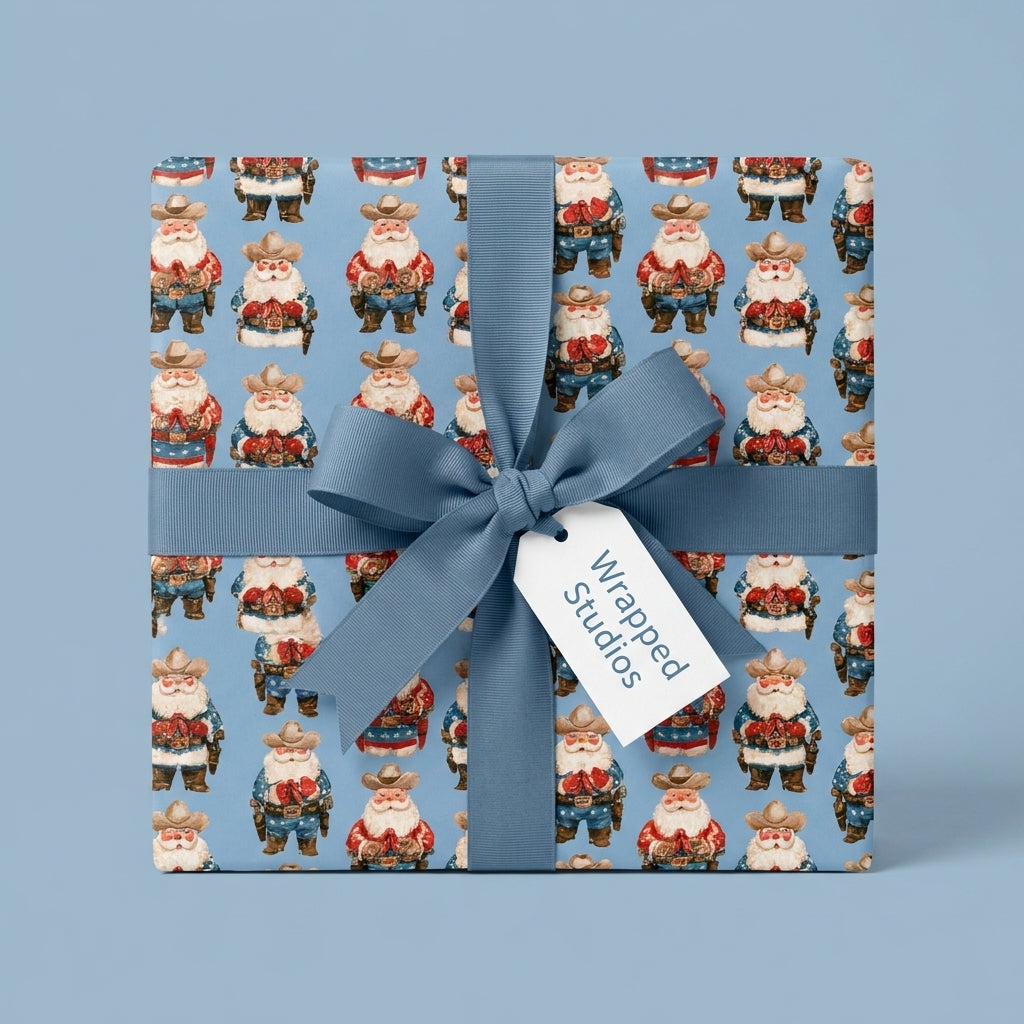 Cowboy Santa Christmas wrapping paper with a blue ribbon bow, by Wrapped Studios.